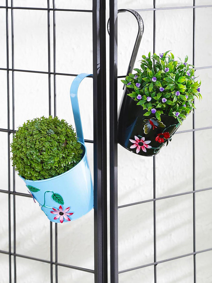 Set of Two Flower Embossed Railing Planter Blue & Black– Exotic Flora