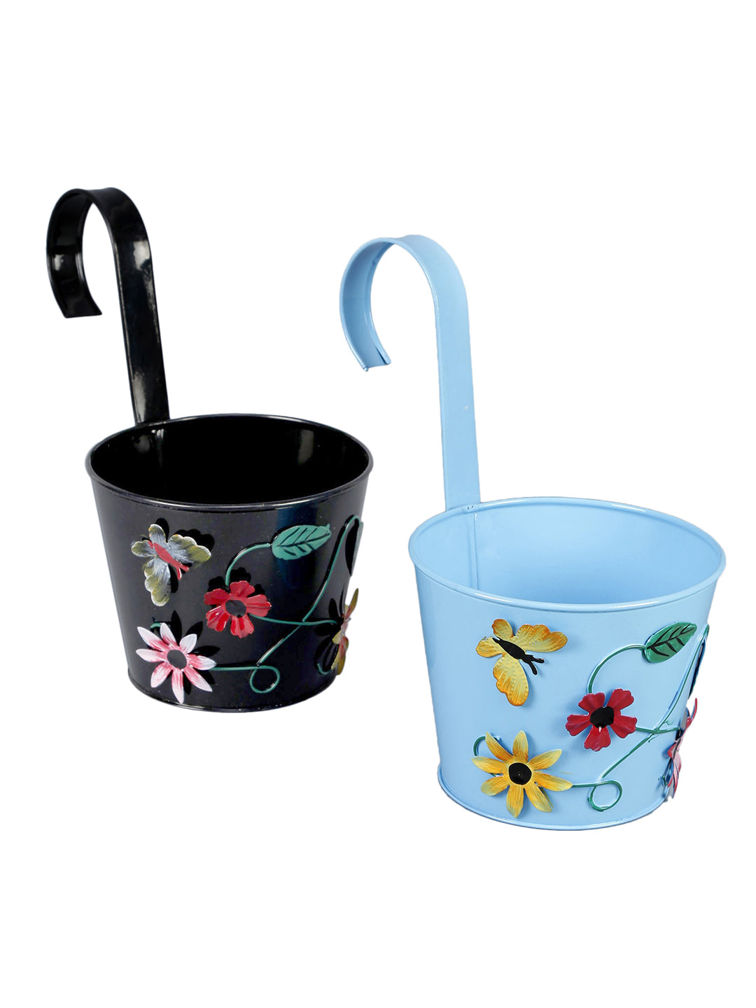 Set of Two Flower Embossed Railing Planter Blue & Black– Exotic Flora