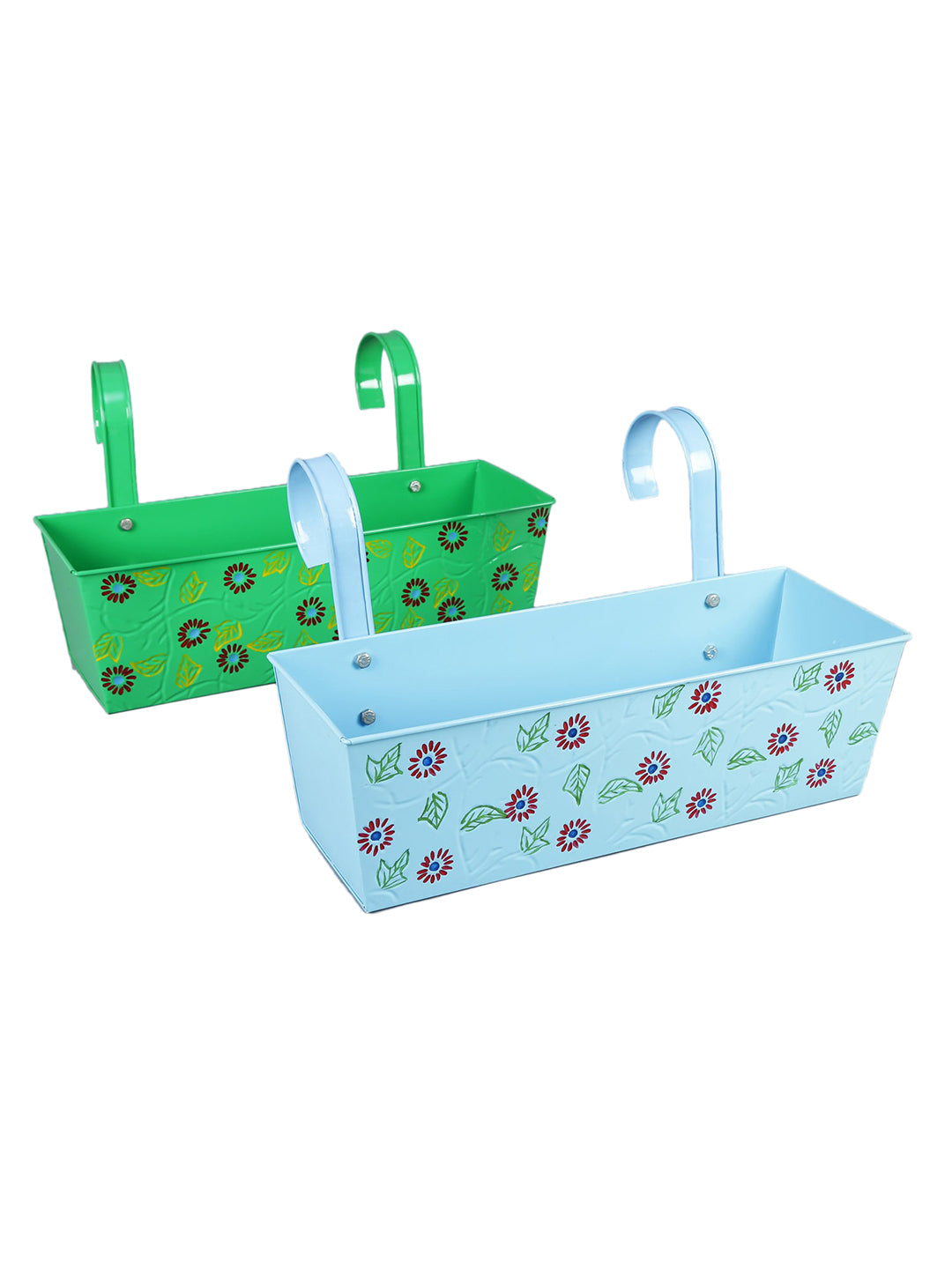 Set of two Handpainted Rectangle Planter Blue & Green– Exotic Flora